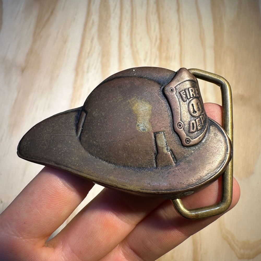BTS Vintage 1978 Firefighter Helmet Belt Buckle Solid Brass Fire Dept Bronze